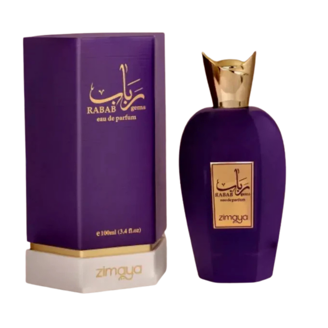 Zimaya Rabab Gems EDP 100ml perfume bottle and box slight side angle – elegant long lasting floral fruity scent with bergamot lemon black currant, rose jasmine violet, amber musk vanilla sandalwood