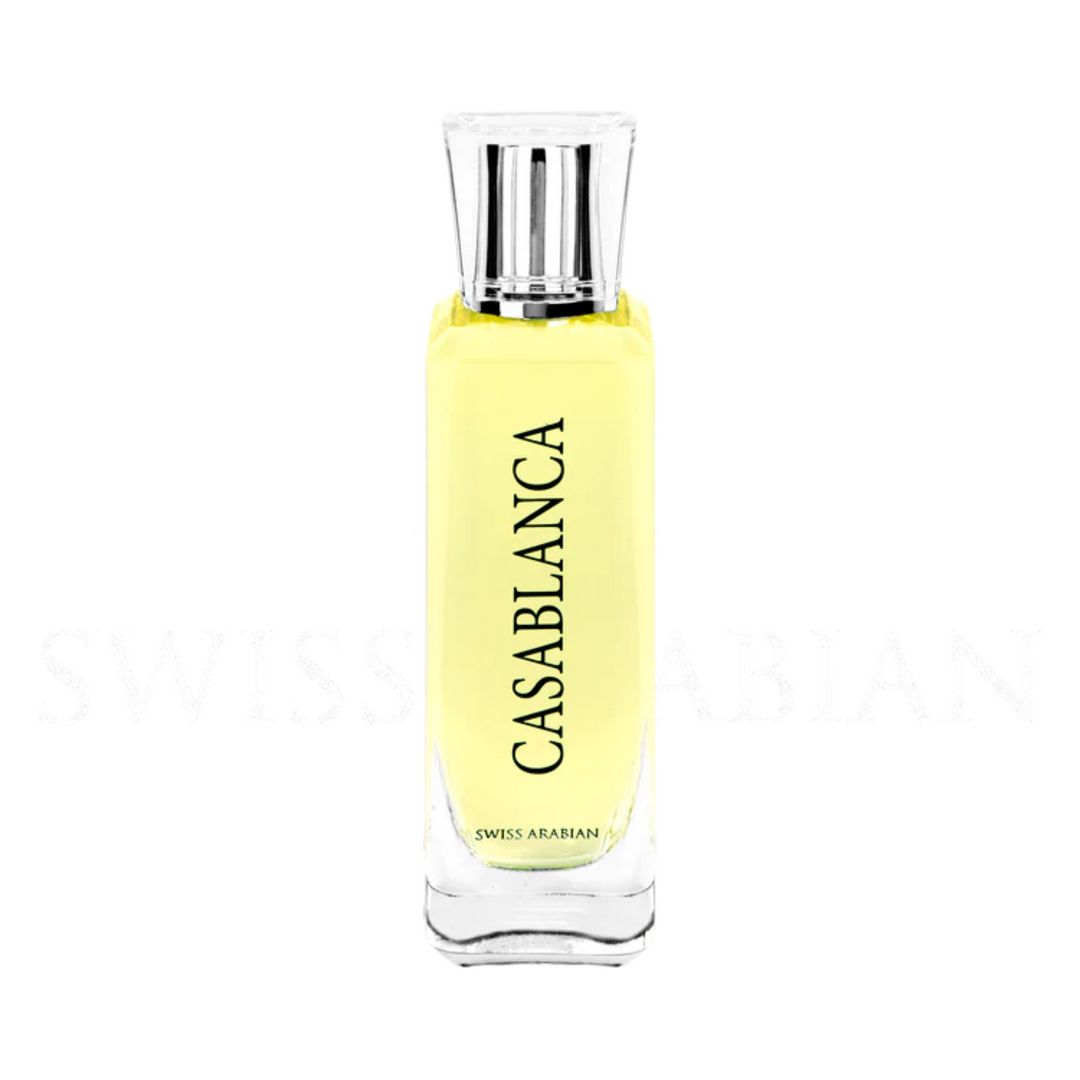 Straight front view of Swiss Arabian Casablanca EDP 100ml perfume bottle – rich long lasting oriental gourmand scent with apple grapes, white woods patchouli iris, caramel amber suede musk Peru balsam