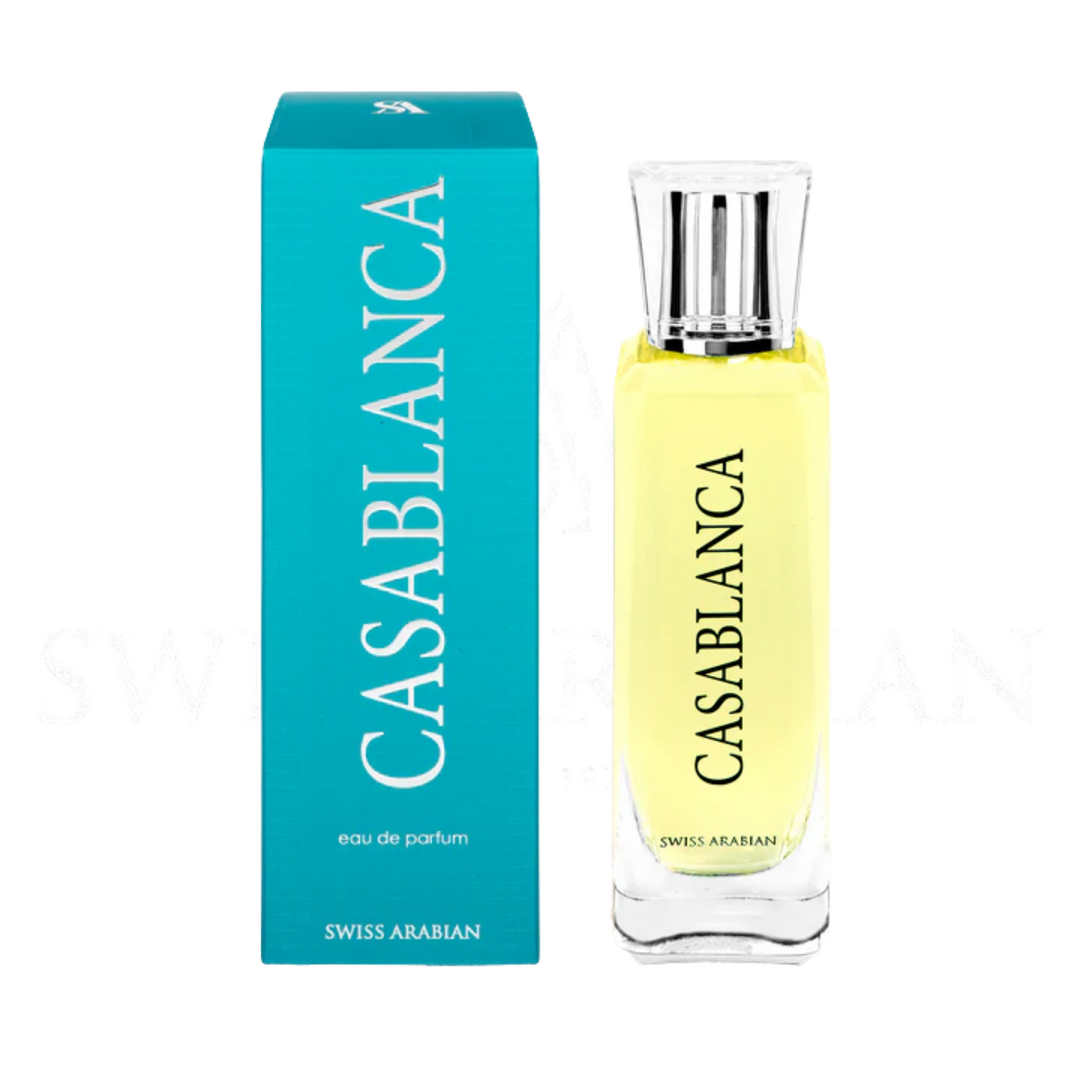 Swiss Arabian Casablanca EDP 100ml perfume bottle and box – delicious oriental gourmand fragrance with top notes apple grapes, heart of white woods patchouli iris, base of caramel amber suede musk Peru balsam