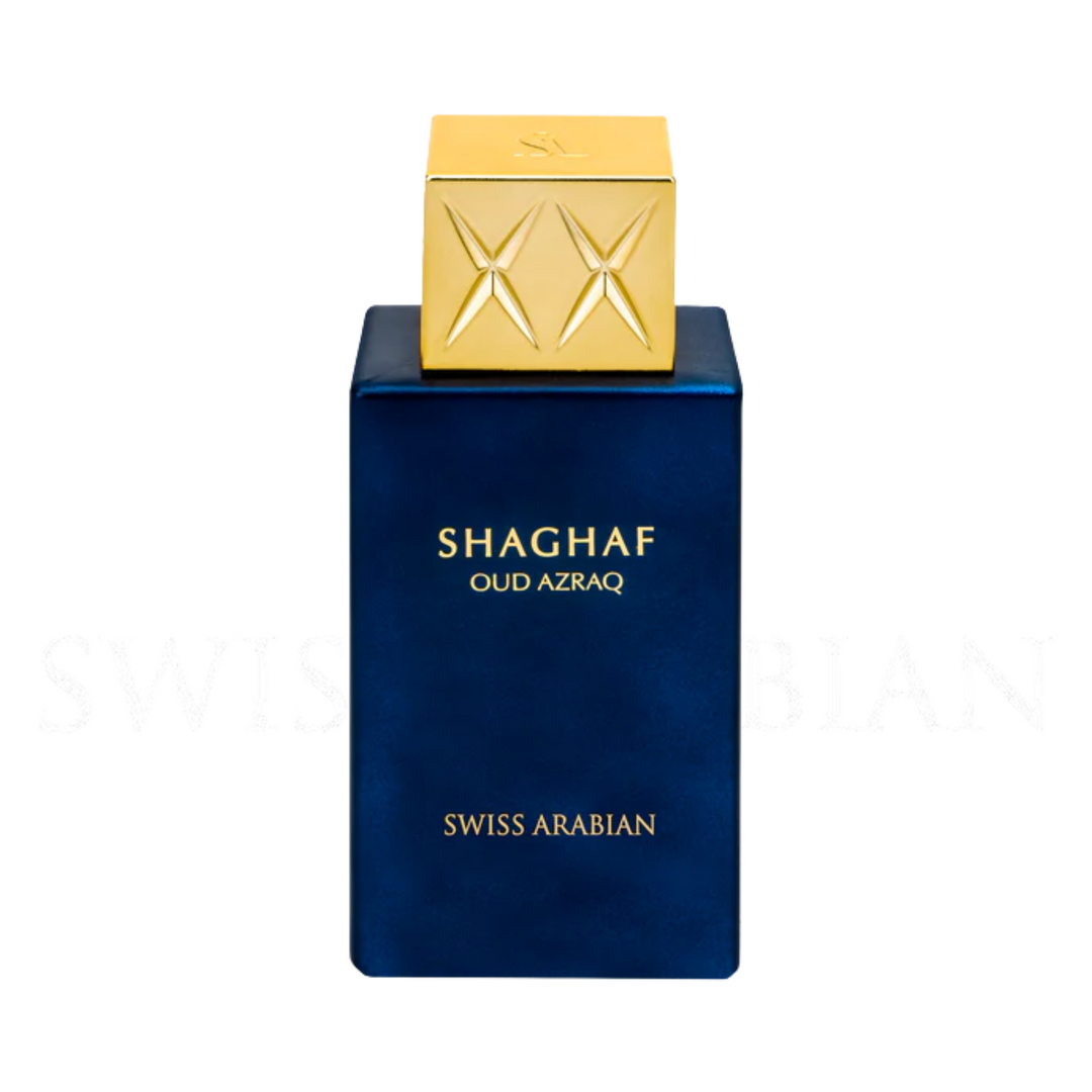 Straight front view of Swiss Arabian Shaghaf Oud Azraq EDP 75ml perfume bottle – luxurious sweet woody oriental fragrance with top notes honey oud, heart of cinnamon amber Madagascar vanilla, base of leather patchouli