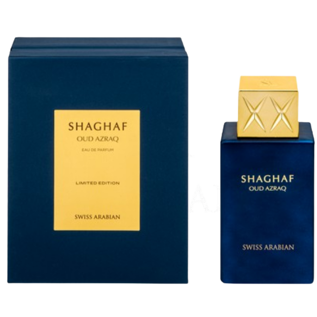 Swiss Arabian Shaghaf Oud Azraq EDP 75ml perfume bottle and box – rich long lasting sweet woody oriental scent with honey oud, cinnamon amber Madagascar vanilla, leather patchouli