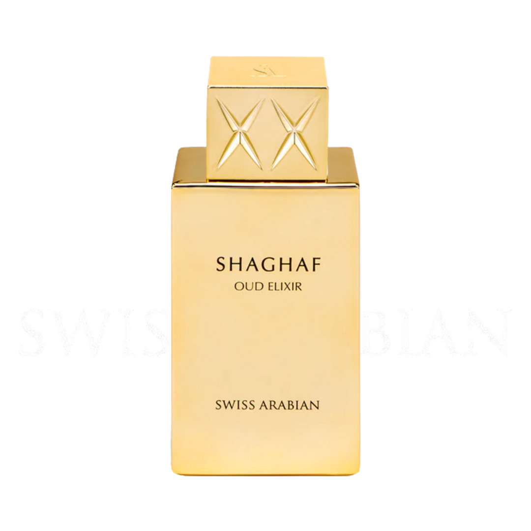 Straight front view of Swiss Arabian Shaghaf Oud Elixir EDP 75ml perfume bottle – opulent sweet woody oriental fragrance with top notes saffron rose, heart of praline oud patchouli, base of vanilla amber musk