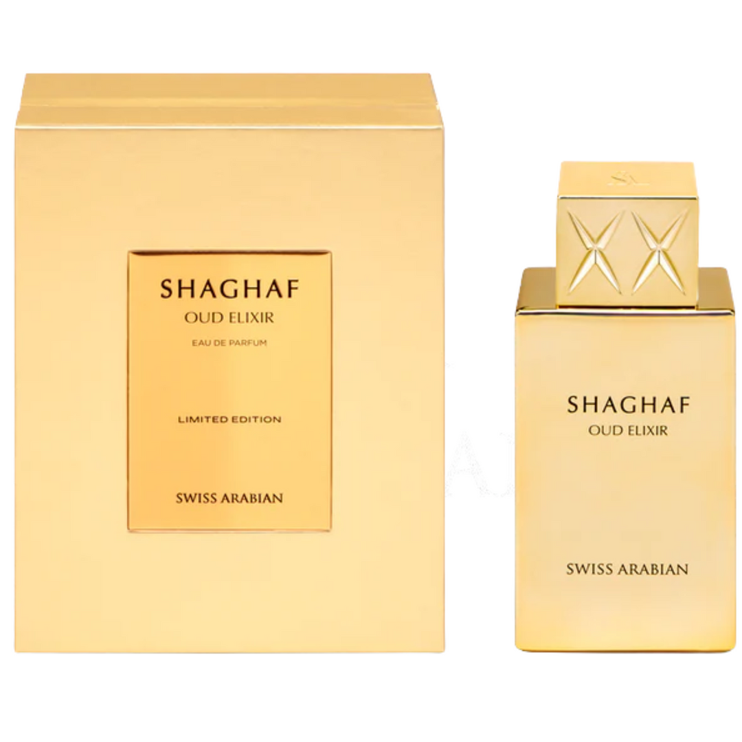 Swiss Arabian Shaghaf Oud Elixir EDP 75ml perfume bottle and box – rich long lasting sweet woody oriental scent with saffron rose, praline oud patchouli, vanilla amber musk