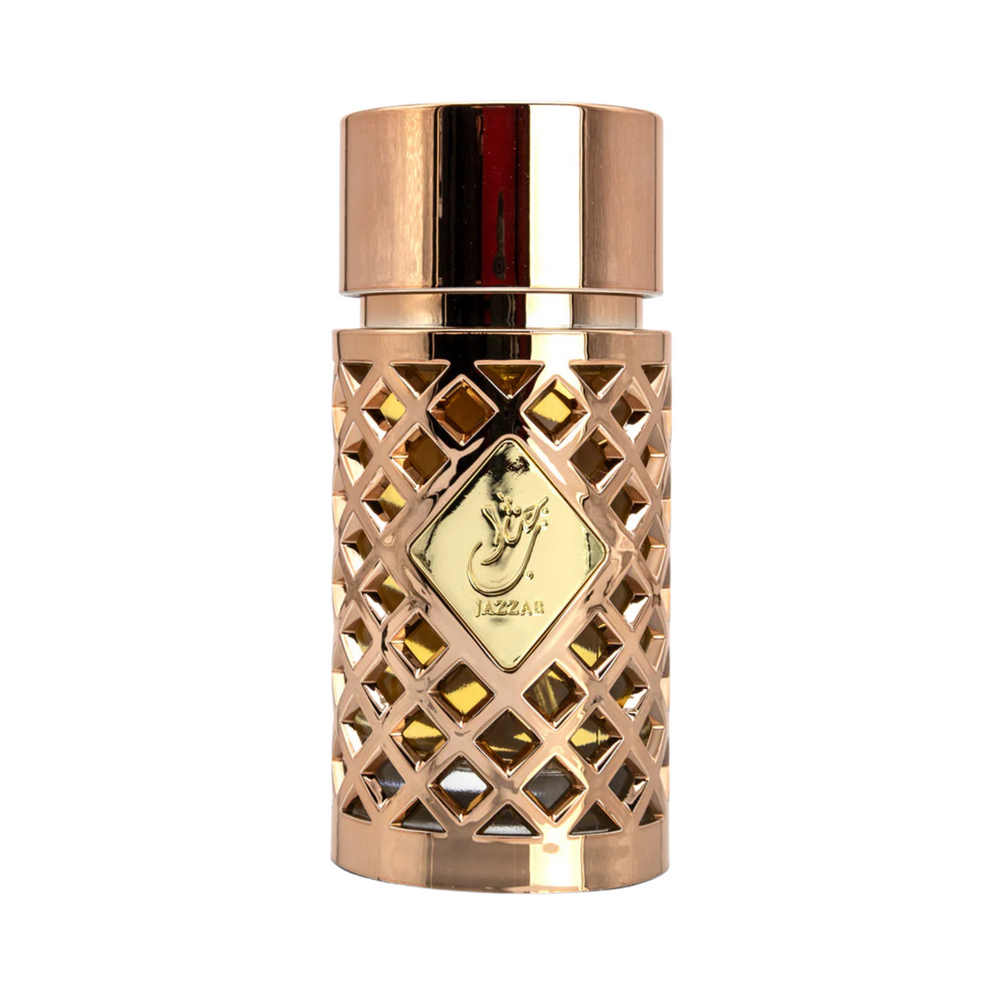 Ard al zaafaran jazzab gold Rose gold decorative bottle with intricate design on a white background