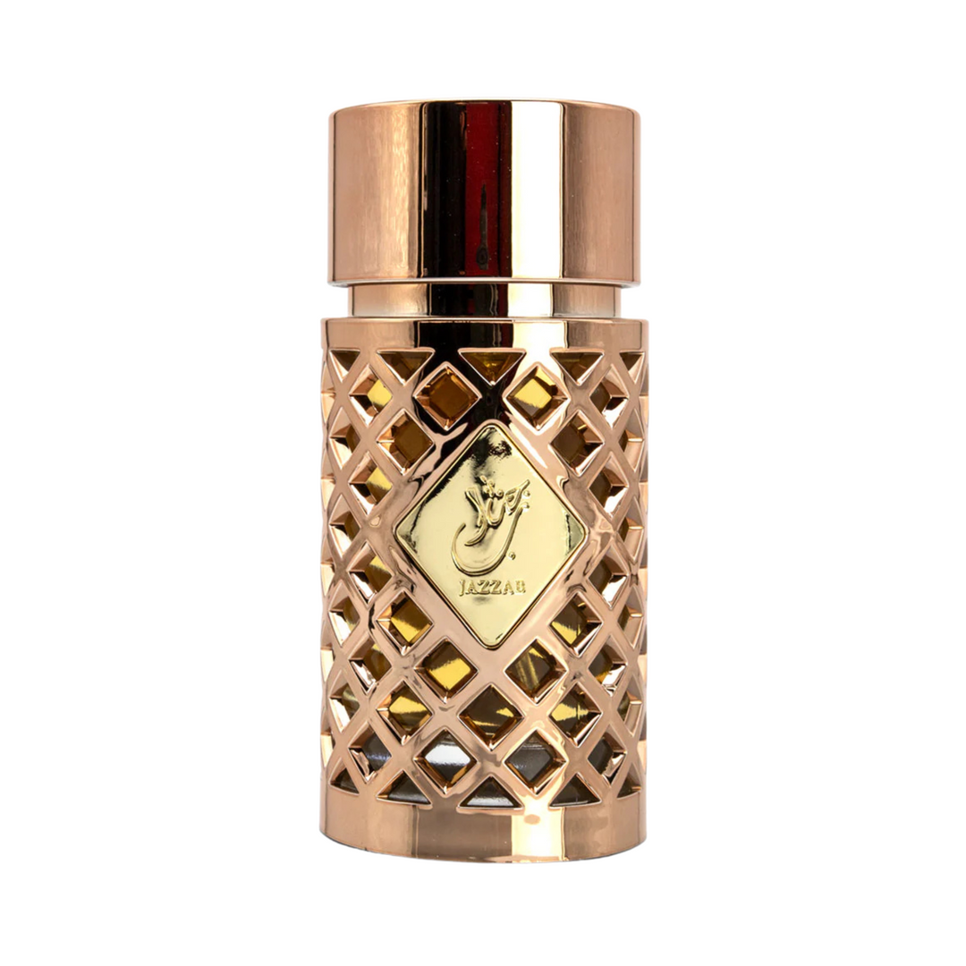Ard al zaafaran jazzab gold Rose gold decorative bottle with intricate design on a white background