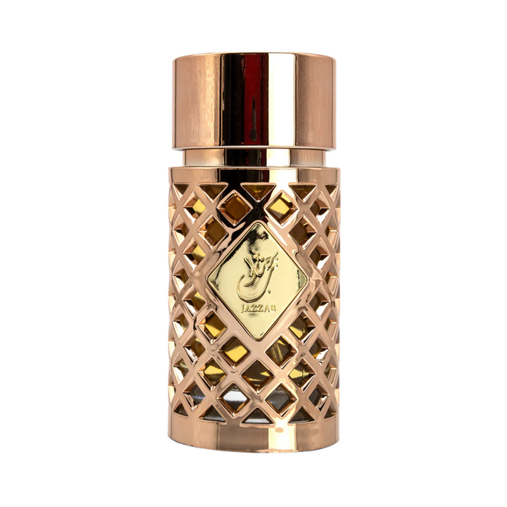 Ard al zaafaran jazzab gold Rose gold decorative bottle with intricate design on a white background