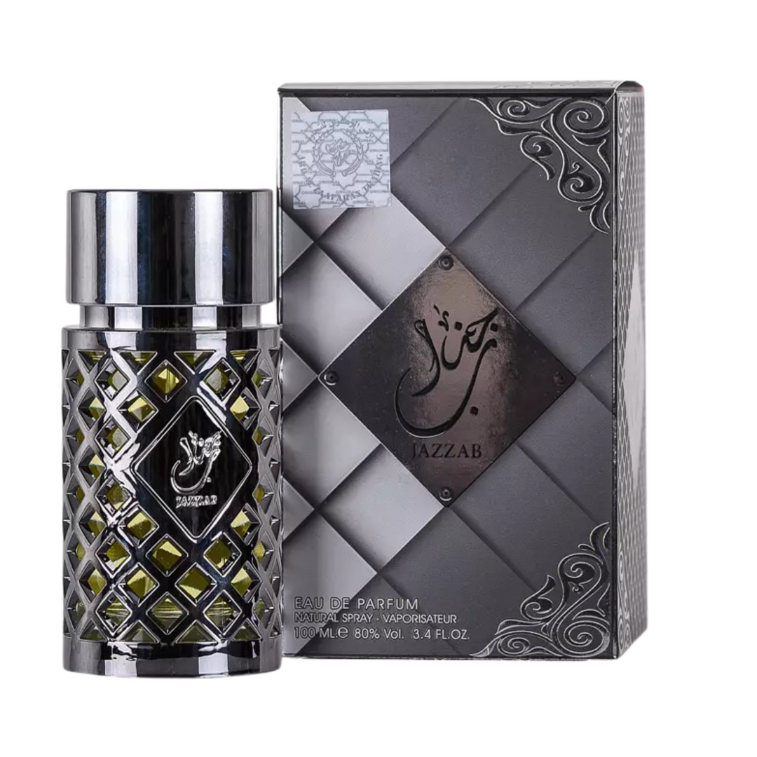 Ard Al Zaafaran Jazzab Silver Perfume bottle and packaging with intricate design on a white background