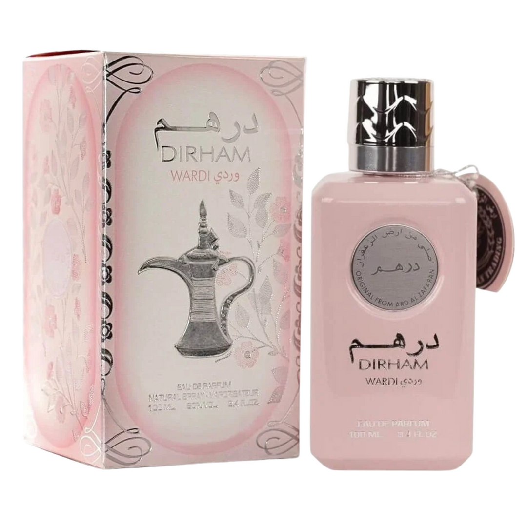 Pink perfume bottle and packaging with Ard Al Zaafaran Dirham Wardi  branding on a white background