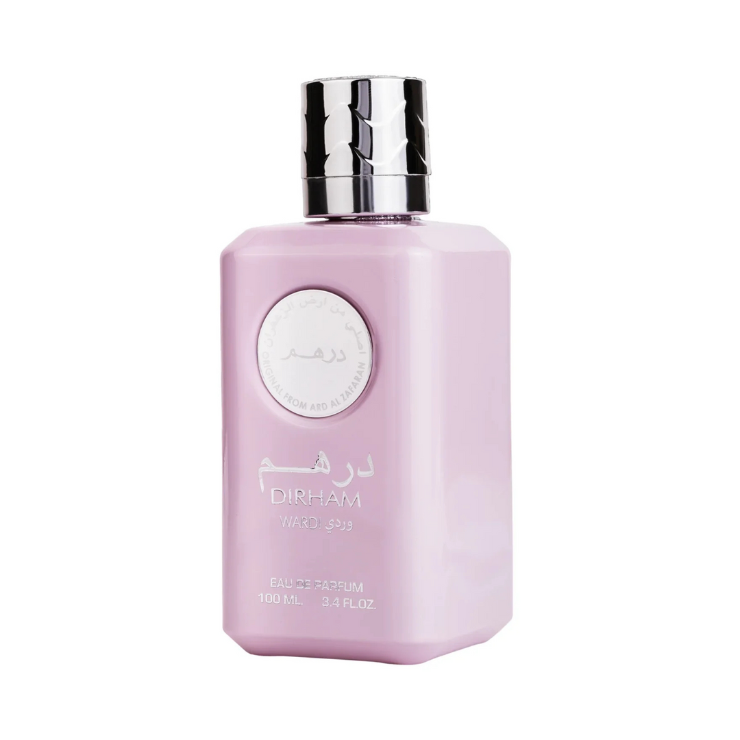 Ard Al Zaafaran Dirham Wardi Pink perfume bottle with silver cap on a white background