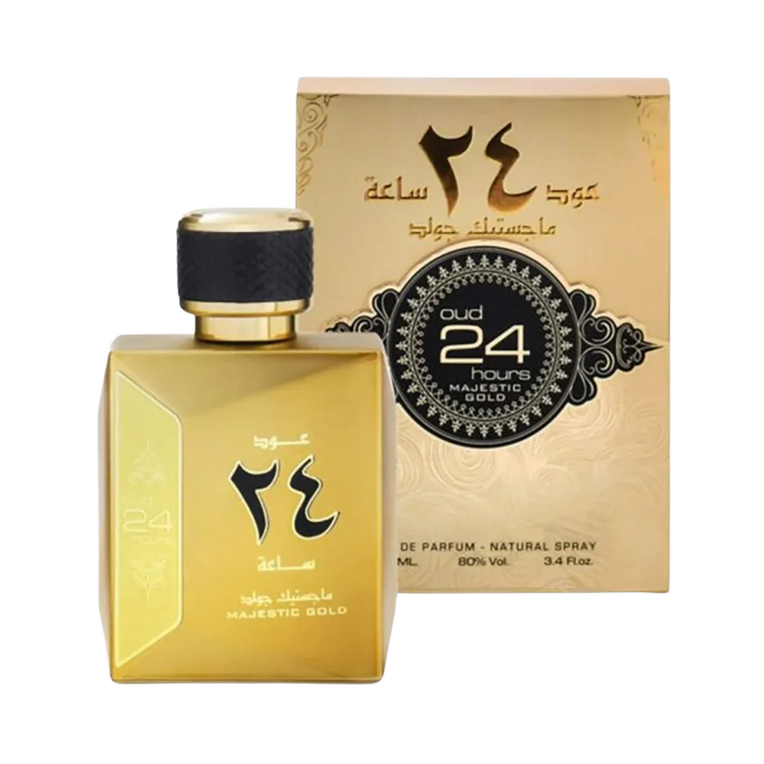 Ard Al Zaafaran Oud 24 Hours Majestic Gold Gold perfume bottle and packaging with Arabic text on a white background