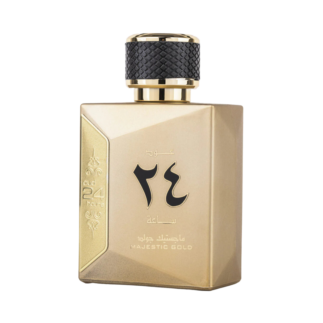 Ard Al Zaafaran Oud 24 Hours Majestic Gold  Gold perfume bottle with black cap on a white background