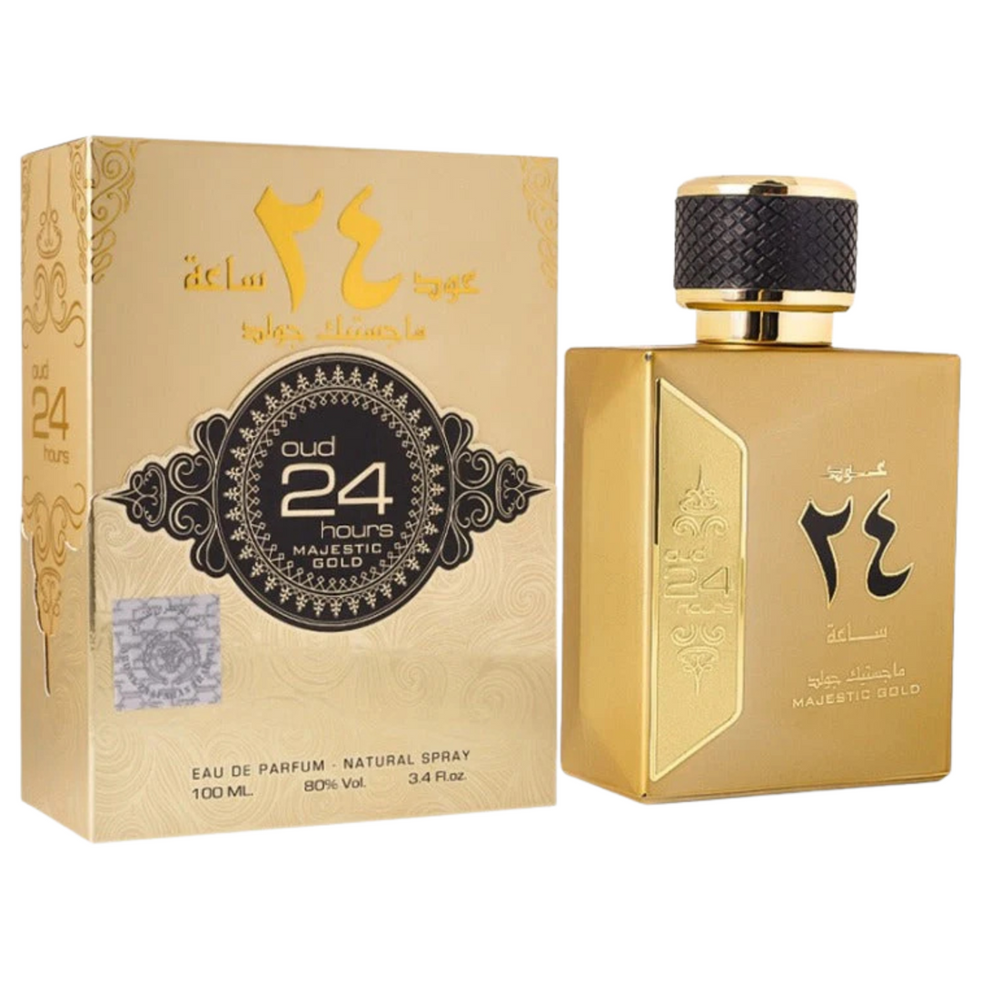 Ard Al Zaafaran Oud 24 Hours Majestic Gold  Gold perfume bottle and packaging with  branding on a white background
