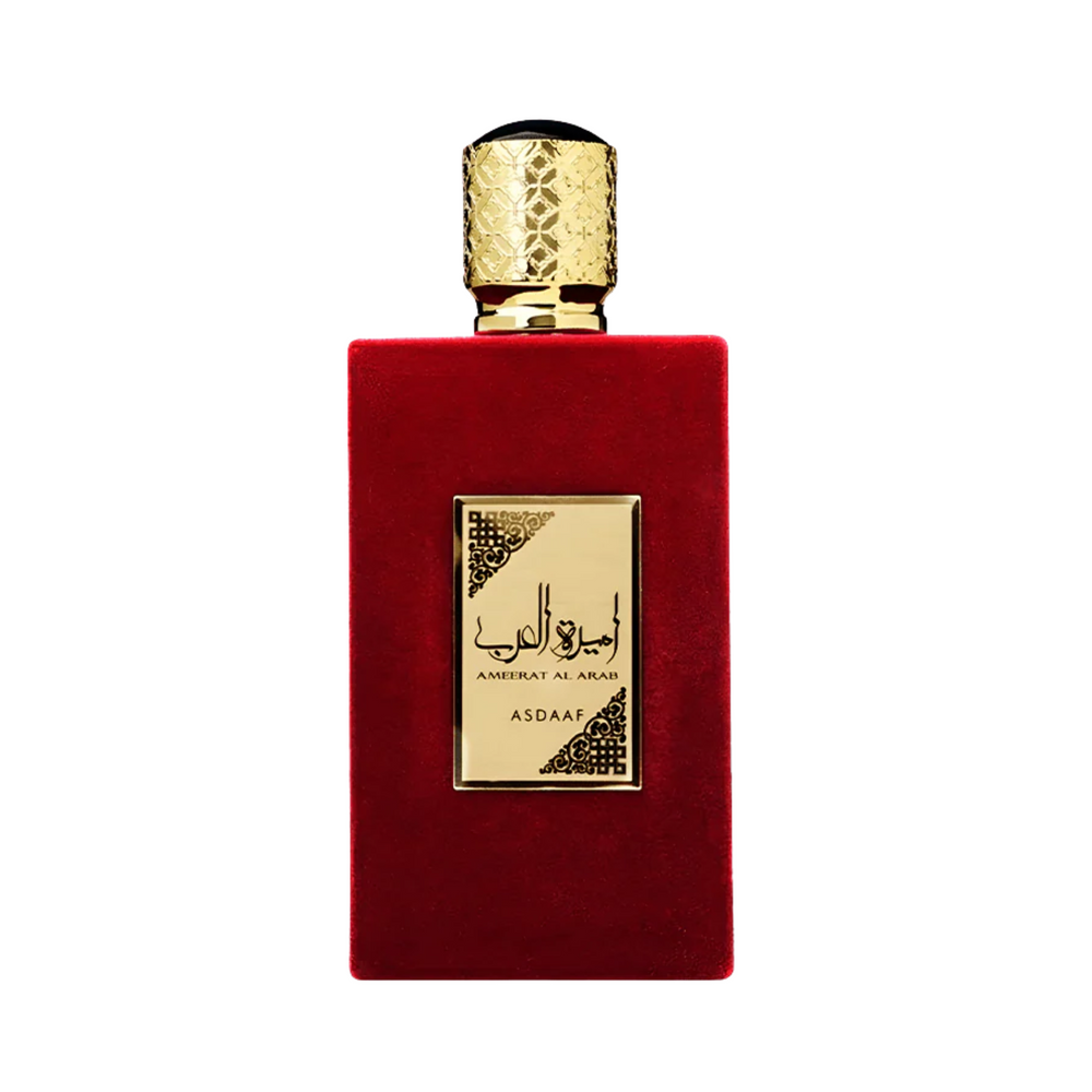 asdaaf ameerat al arab Red perfume bottle with gold cap and label on a white background