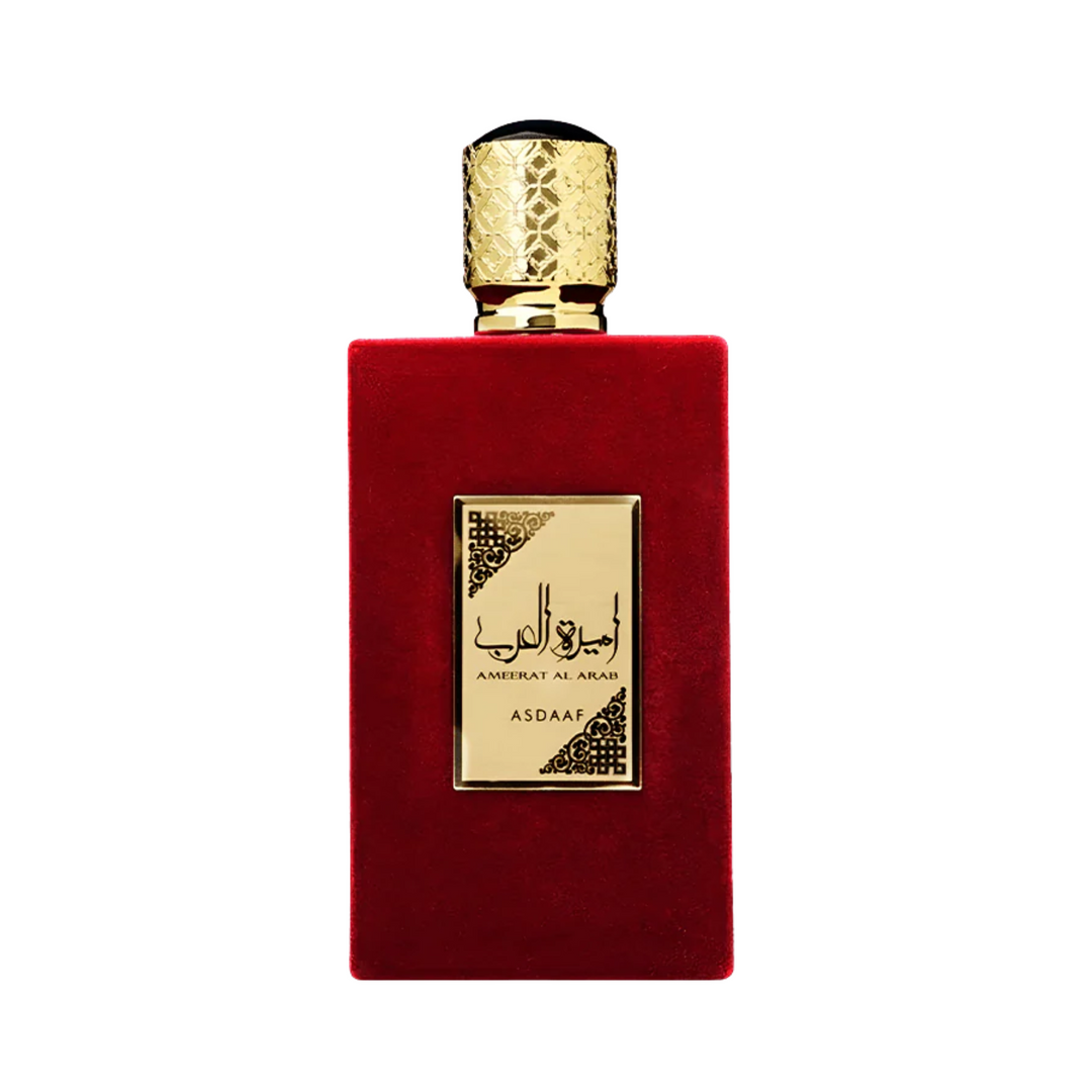asdaaf ameerat al arab Red perfume bottle with gold cap and label on a white background