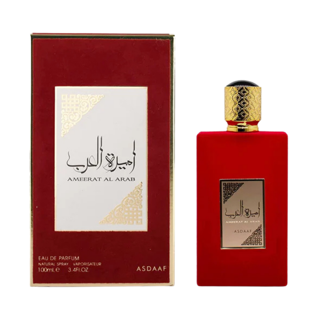 asdaaf ameerat al arab Red perfume bottle with gold cap and matching box on a white background