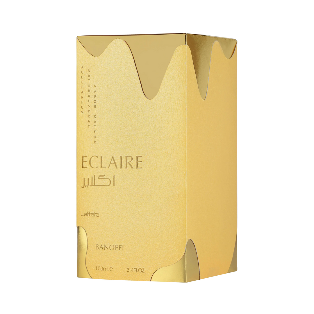 Lattafa Eclaire Banoffi EDP 100ml perfume box angled – elegant brown and gold packaging of banana toffee fragrance
