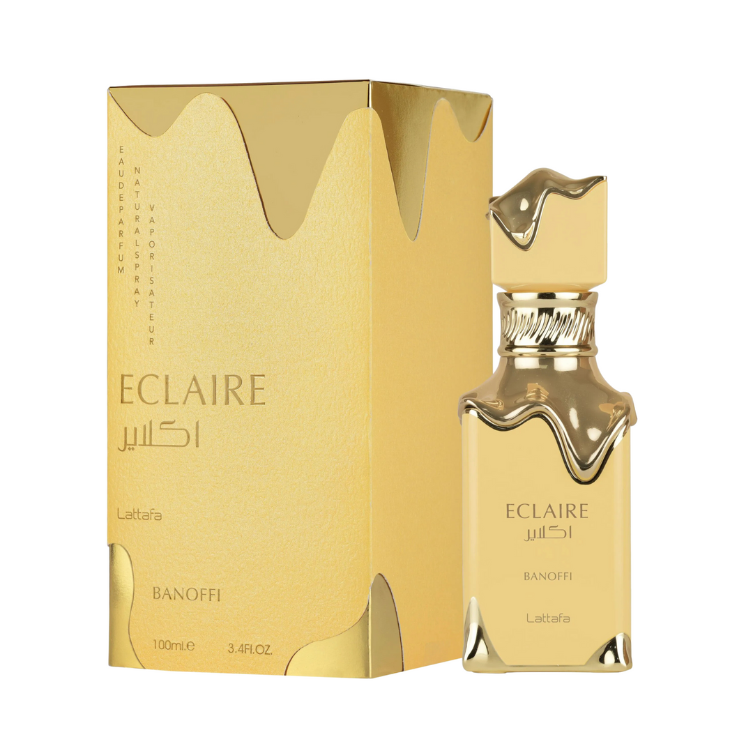 Lattafa Eclaire Banoffi EDP 100ml perfume bottle with box angled – luxurious banana toffee gourmand scent
