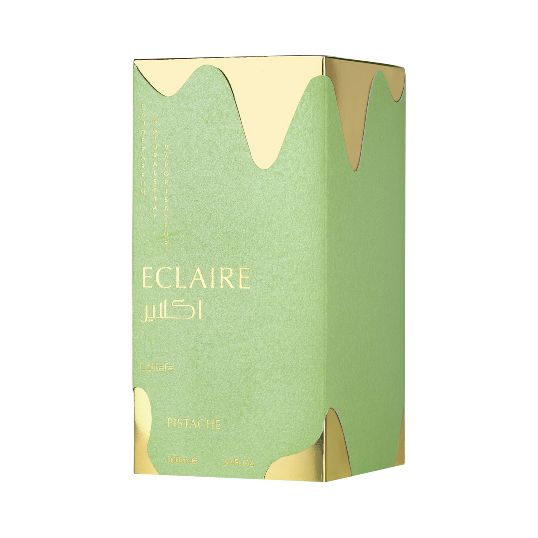 Lattafa Eclaire Pistache EDP 100ml perfume box angled – elegant green packaging of pistachio vanilla fragrance
