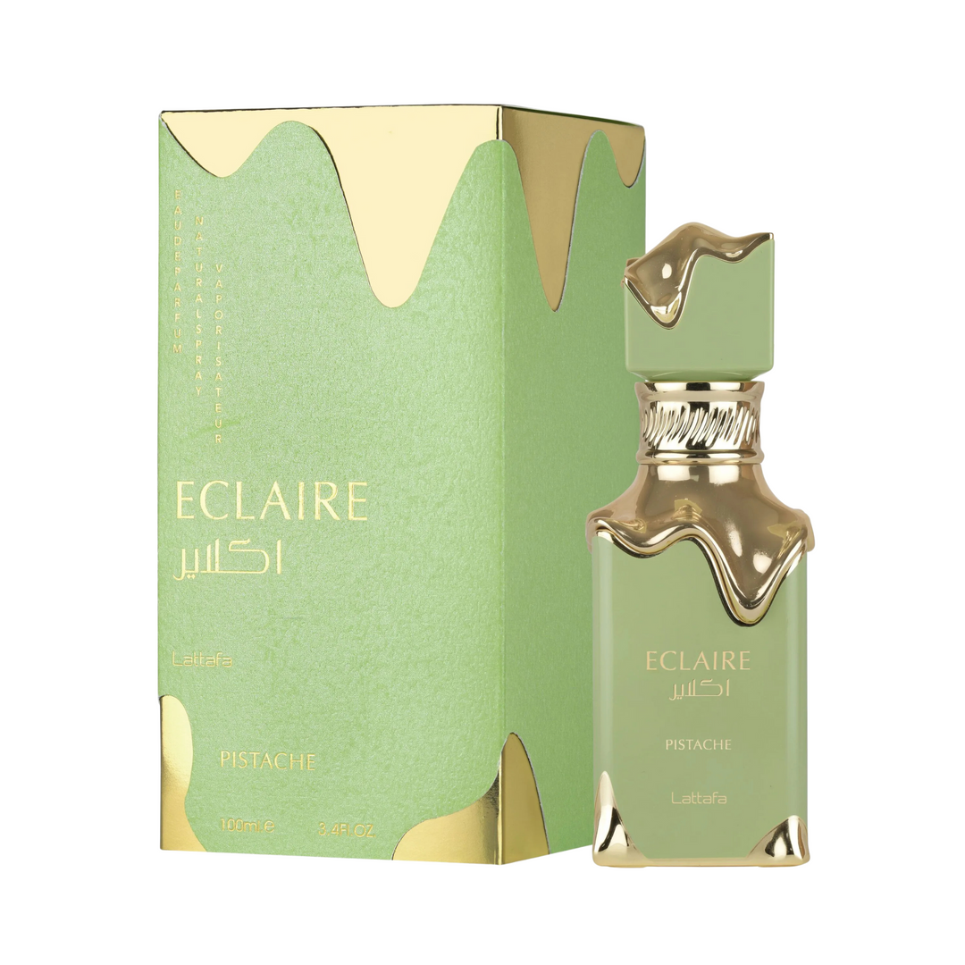 Lattafa Eclaire Pistache EDP 100ml perfume bottle with box in angled view – luxurious pistachio vanilla gourmand scent
