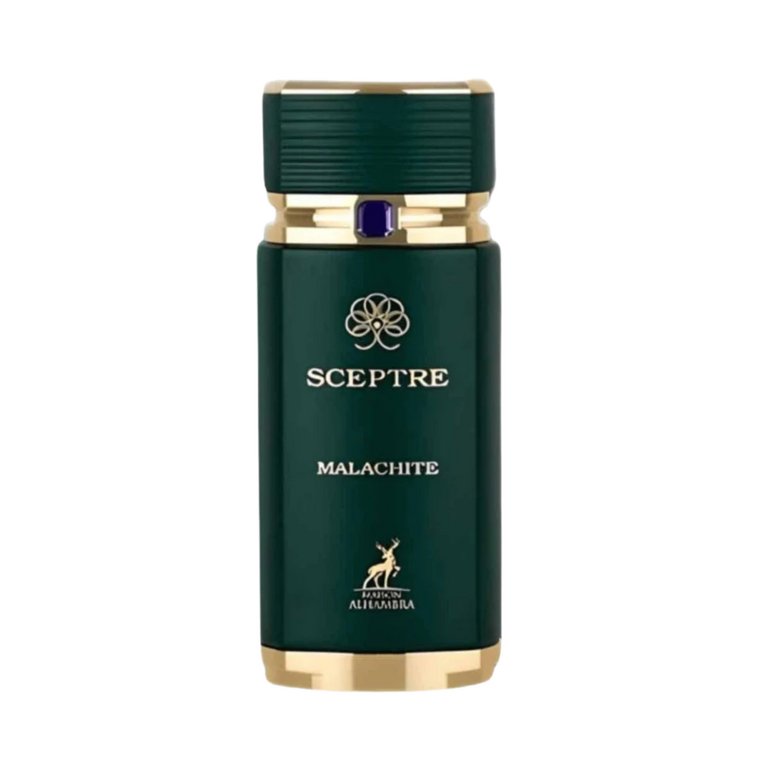Green bottle with gold accents labeled 'Sceptre Malachite' on a white background