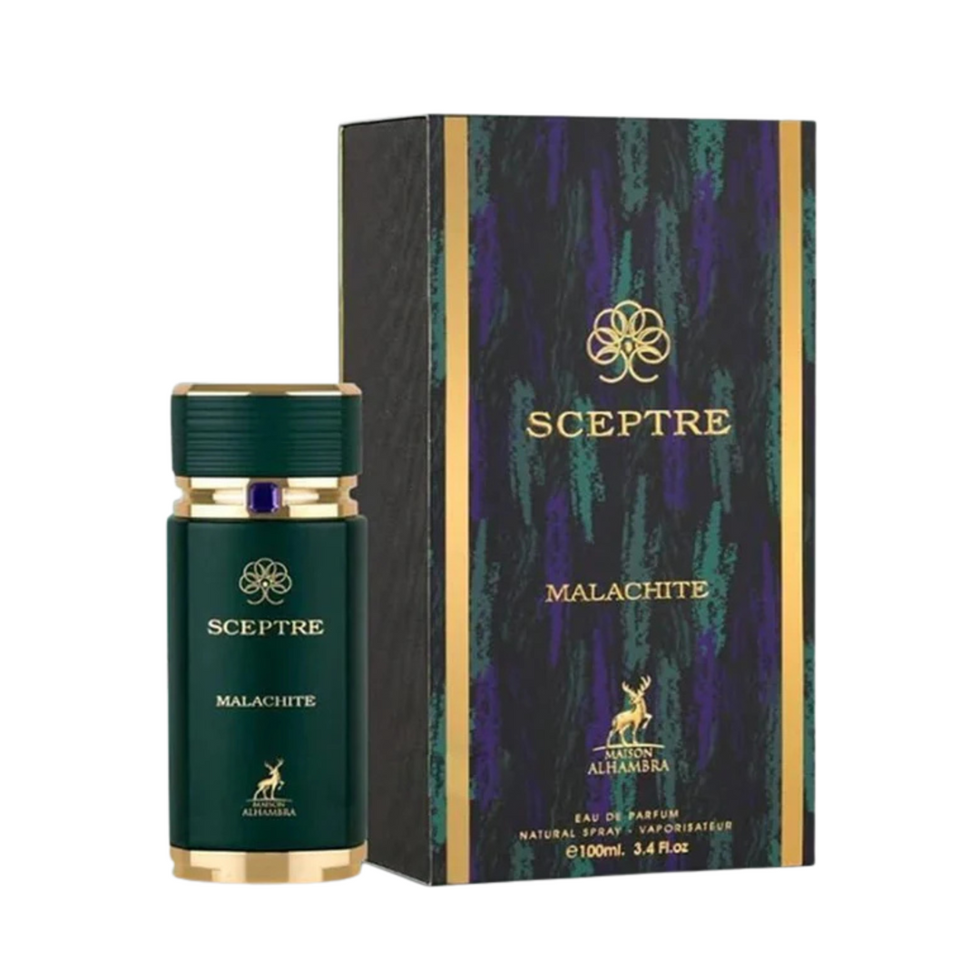 Sceptre Malachite perfume bottle and packaging on a white background
