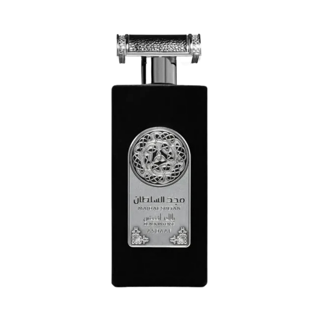 Black perfume Majd Al Sultan  bottle with silver cap and decorative label on a white background