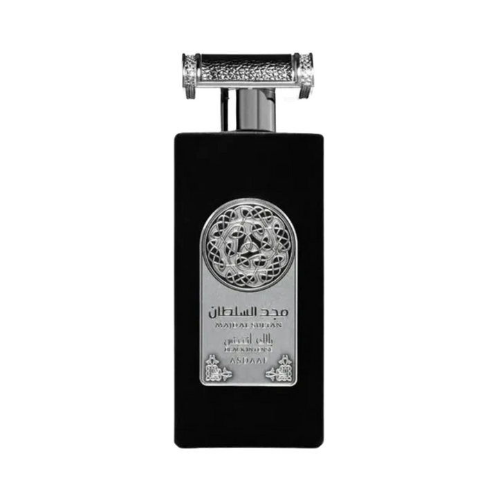 Black perfume Majd Al Sultan  bottle with silver cap and decorative label on a white background
