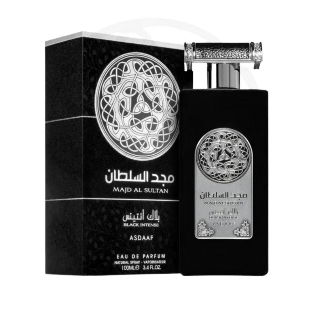 Black and silver Majd Al Sultan perfume bottle and packaging on a white background