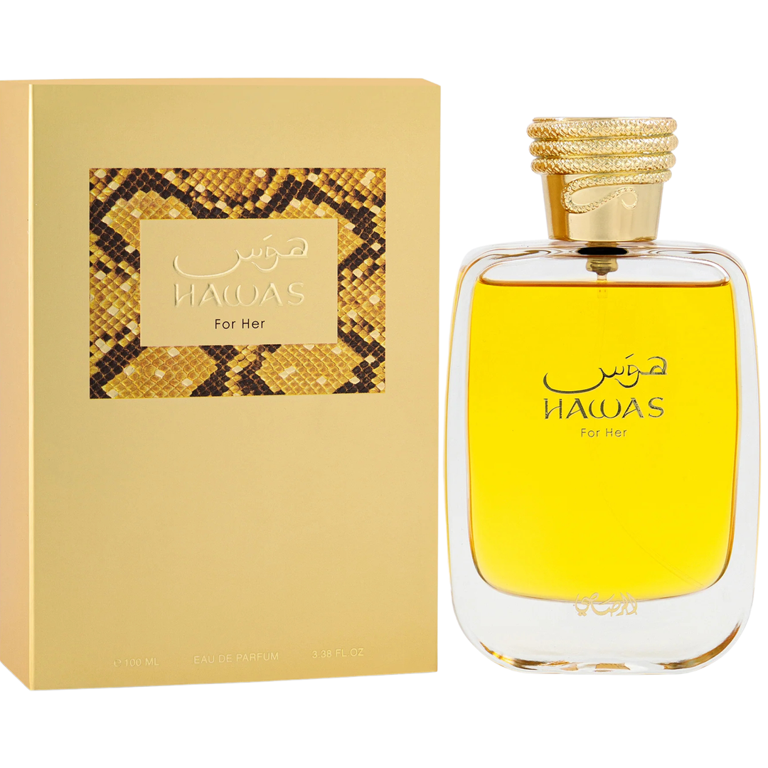 Perfume bottle and packaging of 'Hawas' for her on a white background