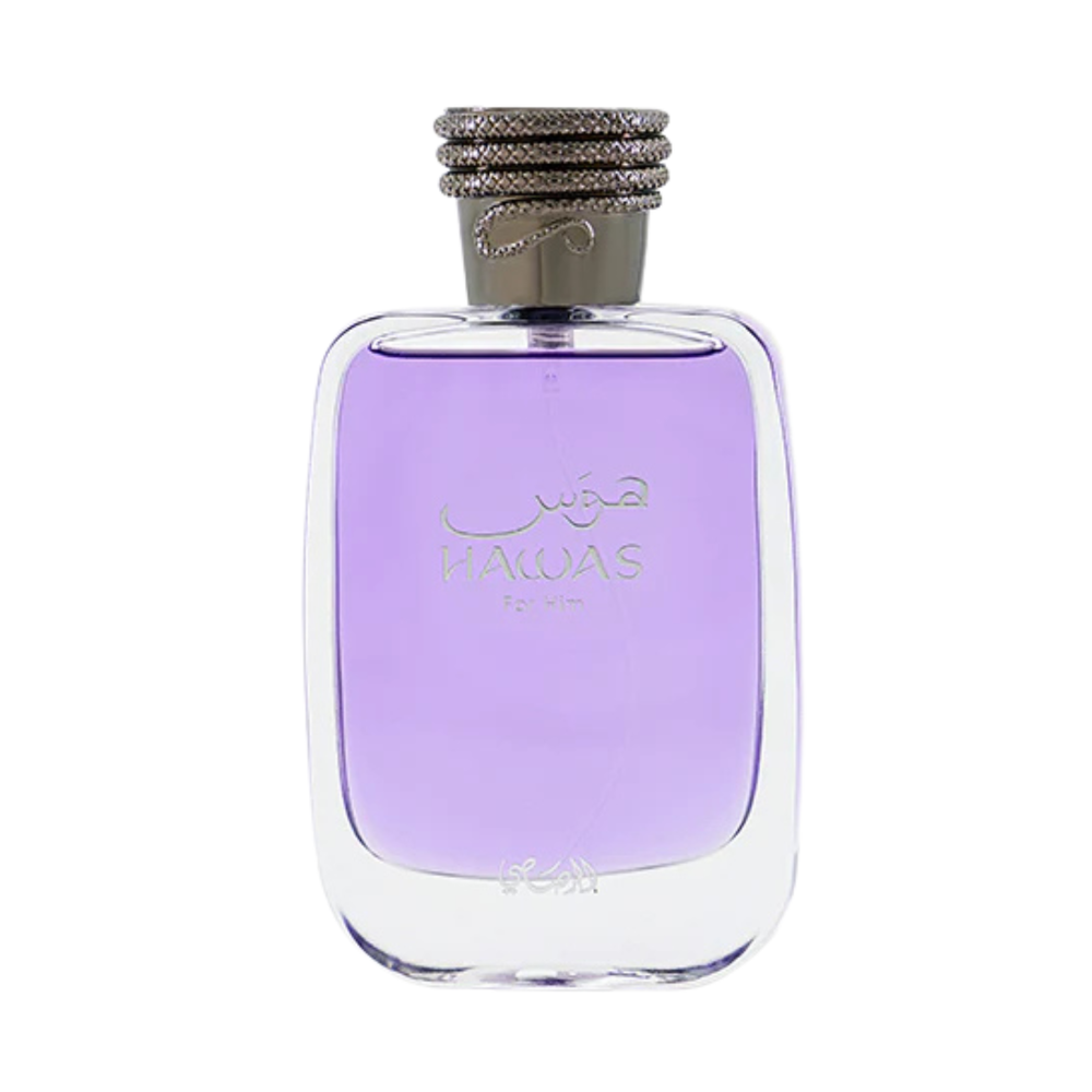 Perfume bottle with purple liquid and silver cap on a white background