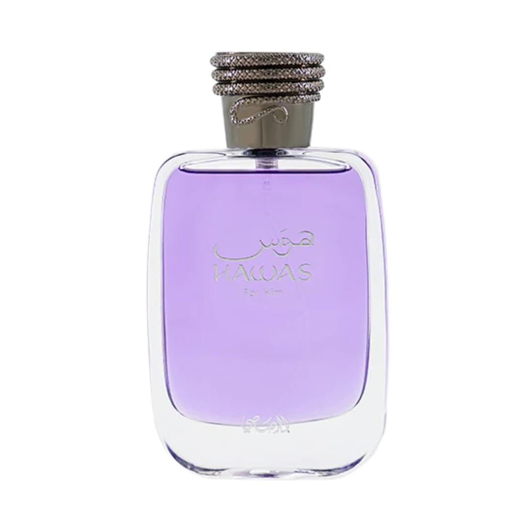 Perfume bottle with purple liquid and silver cap on a white background