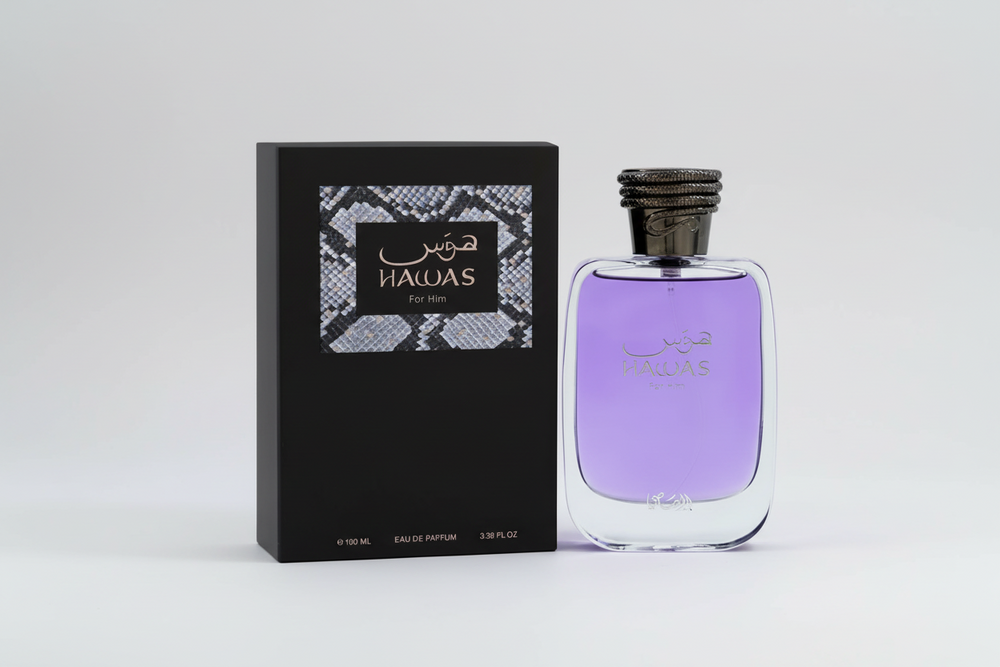 Hawas perfume bottle and packaging on a white background