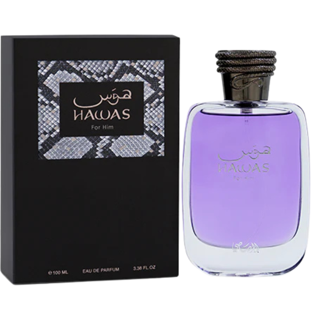 Hawas perfume bottle and packaging on a white background