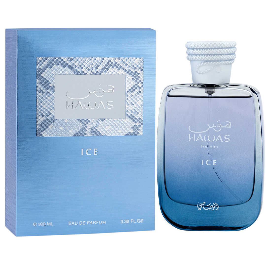 Rasasi Hawas Ice perfume bottle and packaging on a white background