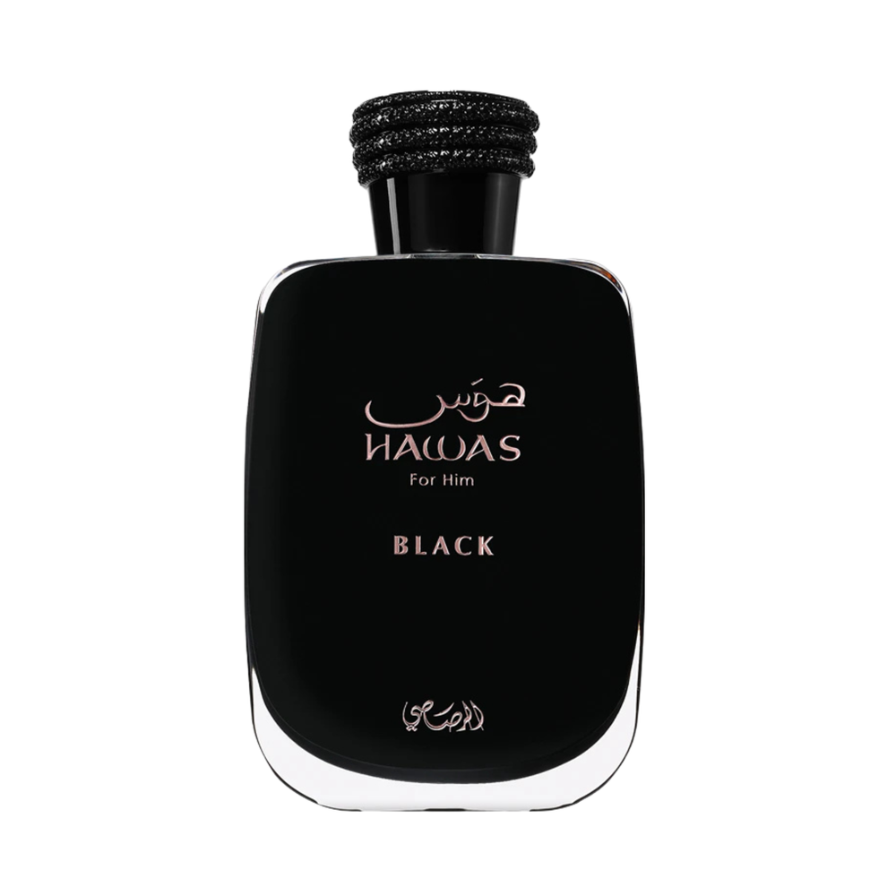 Black perfume bottle labeled 'Rasasi Hawas for Him Black' on a white background