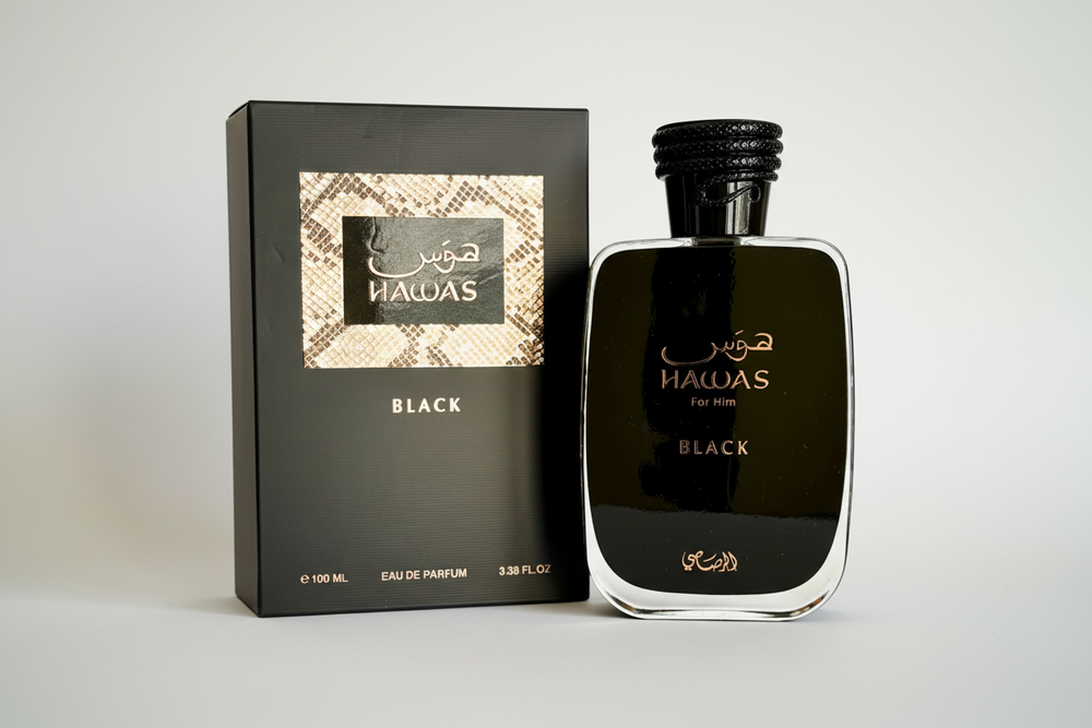 Rasasi Hawas Black perfume bottle and packaging on a white background