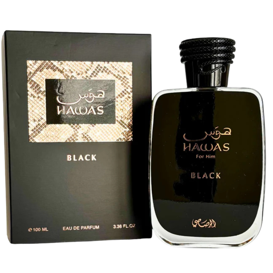 Rasasi Hawas Black perfume bottle and packaging on a white background