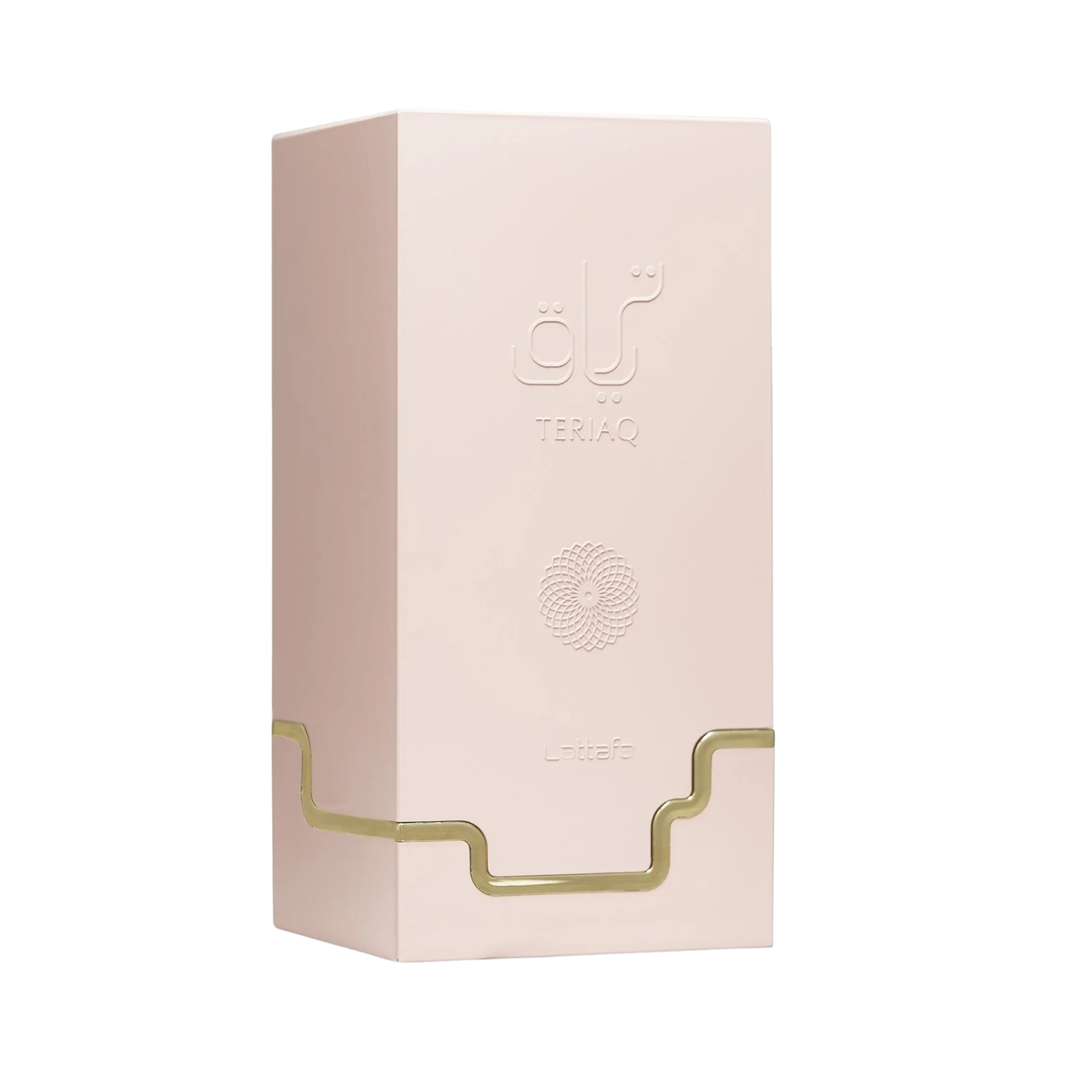 White rectangular box with gold accents and branding on a white background