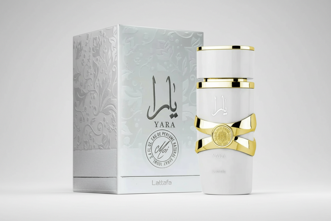 Yara perfume bottle with packaging on a white background