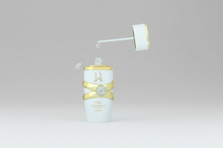 White and gold bottle with a label on a gray background