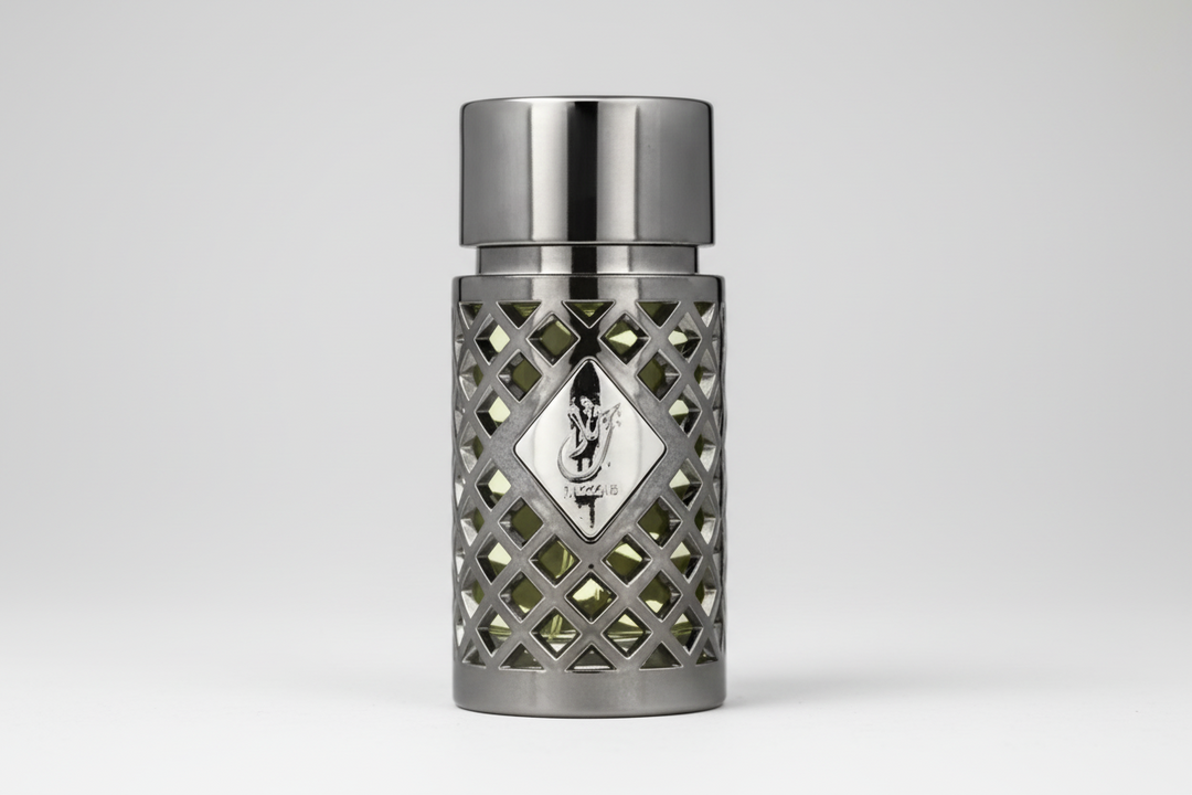 Silver decorative lantern with geometric design on a light gray background