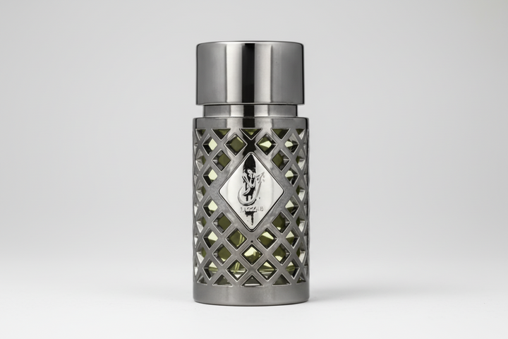 Silver decorative lantern with geometric design on a light gray background