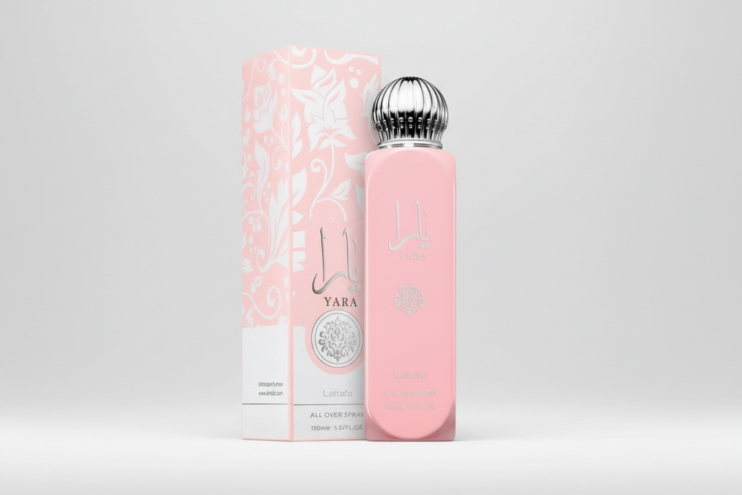 Pink perfume bottle and packaging with 'Yara' branding on a light gray background