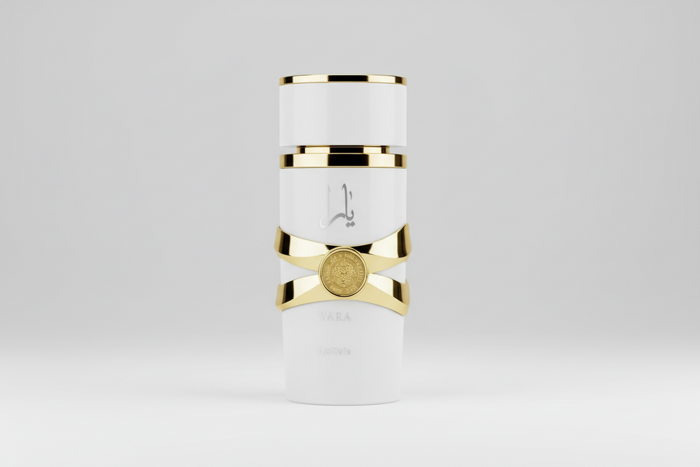 White cylindrical container with gold accents on a light gray background