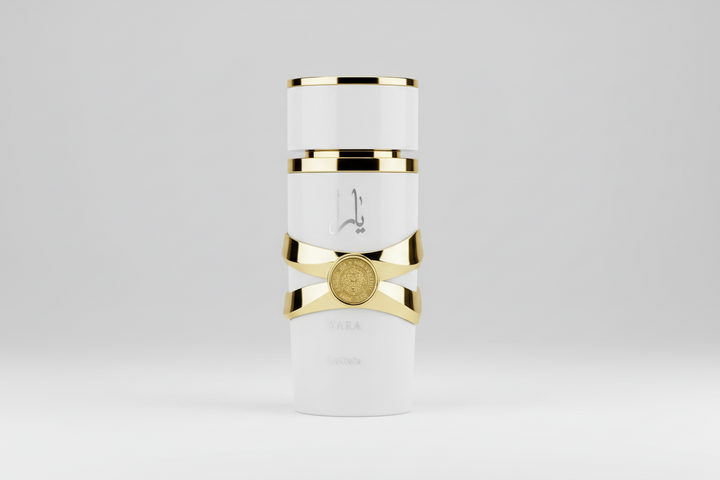 White cylindrical container with gold accents on a light gray background