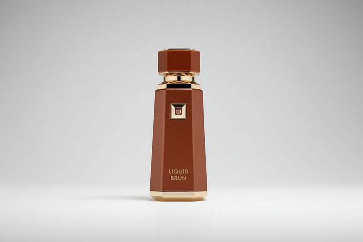 Brown and gold perfume bottle labeled 'Liquid Brun' on a white background