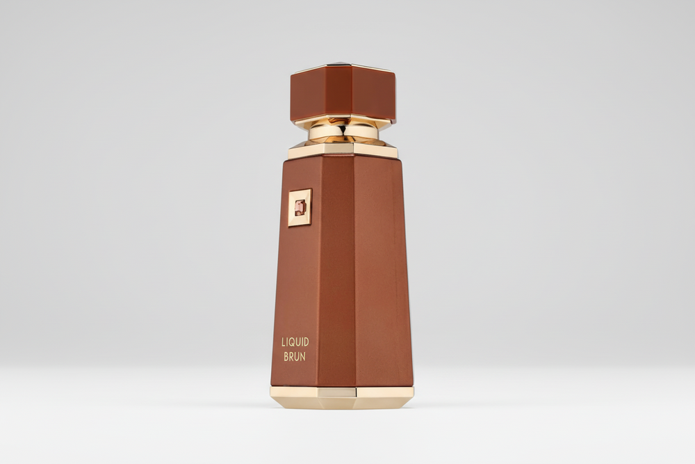Brown perfume bottle with gold accents on a white background