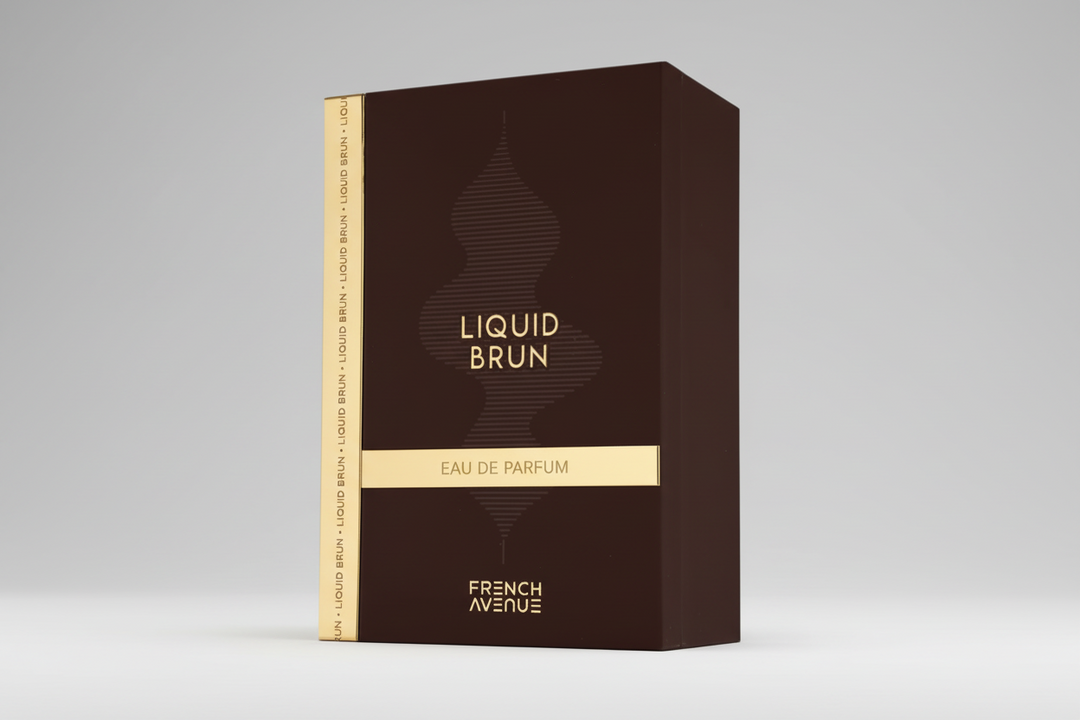 Dark brown packaging box with 'Liquid Brun' and 'French Avenue' text on a white background
