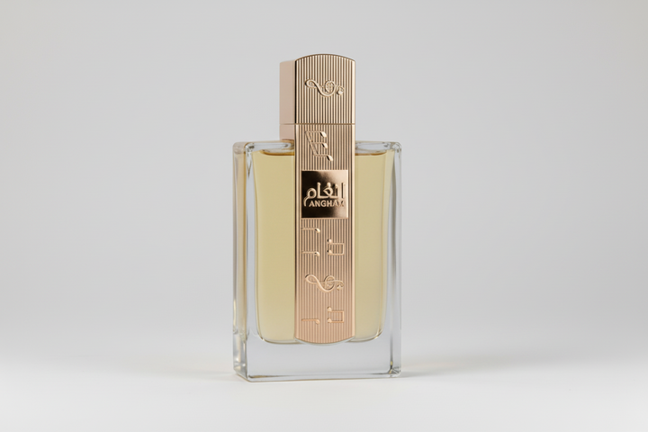 Perfume bottle with gold cap and clear body on a white background