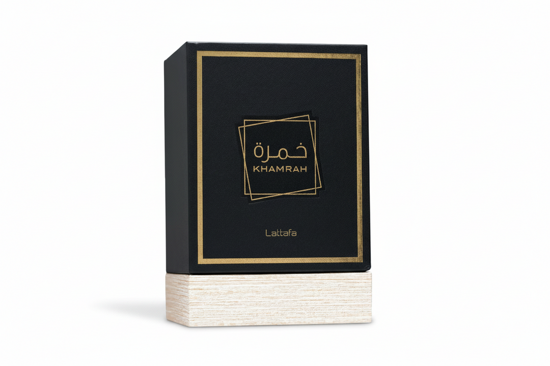 Black box with gold accents featuring the brand 'Lattafa' and product 'Khamrah'.